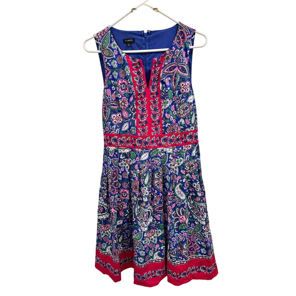 Talbots Blue Pink Paisley Floral Split V-Neck‎ Fit Flare Dress Size 4 Sleeveless
